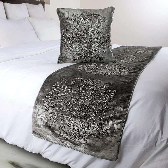HomeCentric Designer Bed Runner with Throw Pillow Cover, 86 x 18 Inch Damask Foil Velvet Embroidery Bed Scarf