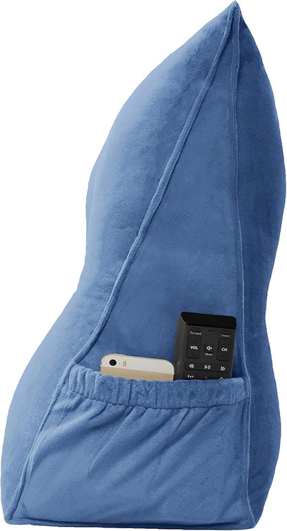 Triangular Reading Bed Rest Pillow Large Bolster Cushion Headboard Backrest Wedge Pillow with Removable Cover and Two Large Side Pockets (Steel Blue, Queen: 59 x 8 x 20 inches)