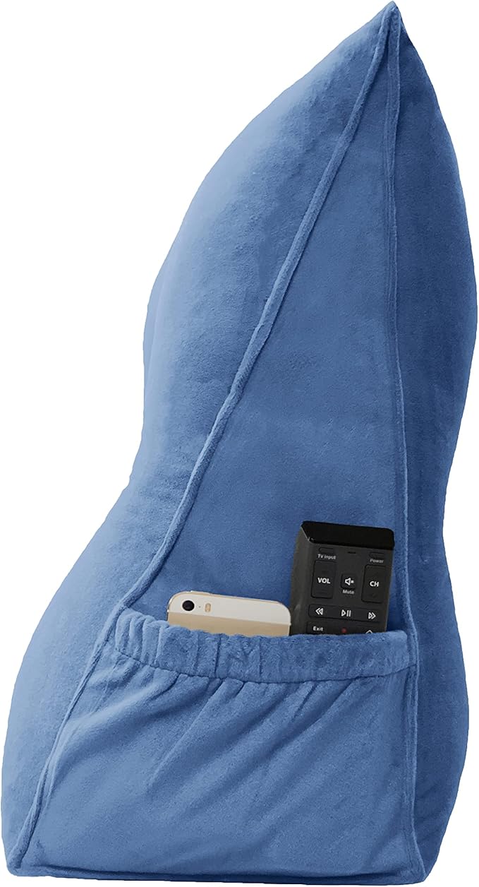Triangular Reading Bed Rest Pillow Large Bolster Cushion Headboard Backrest Wedge Pillow with Removable Cover and Two Large Side Pockets (Steel Blue, California King: 71 x 8 x 20 inches)