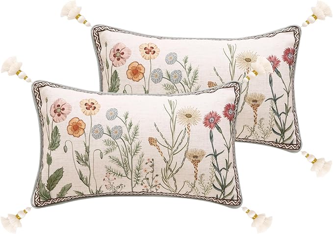 ISAENNE Design Linen Throw Pillow Covers 12"x20" Pack of 2, Lumbar Farmhouse Cushion Covers with Yellow Purple Watercolor Wildflower Pattern Decor Pillowcases for Bed,Living Room,Outdoor,Car