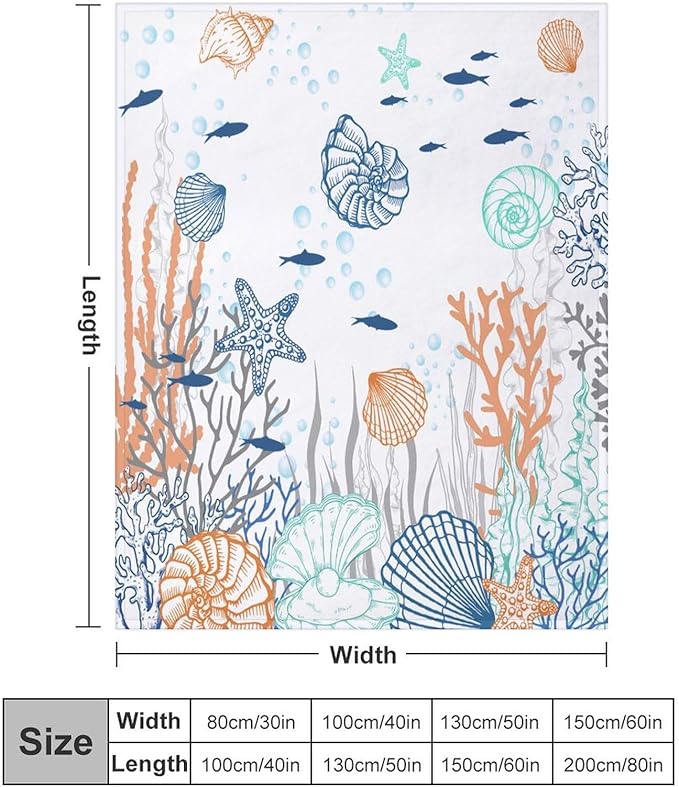 Nautical Coastal Blanket, Starfish Seashell Coral Beach Themed Drapes Ocean Orange Blue Teal Conch Print Throw Blankets for Sofa Couch Bed Room Birthday Decor, 50"x60"