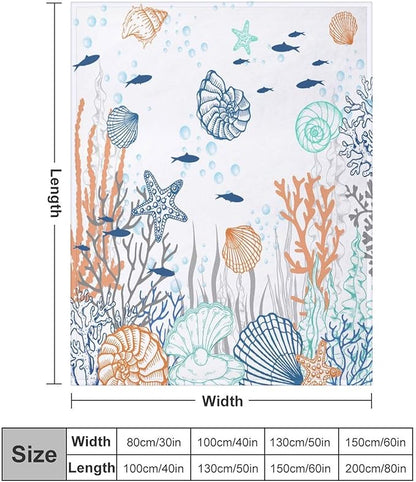 Nautical Coastal Blanket, Starfish Seashell Coral Beach Themed Drapes Ocean Orange Blue Teal Conch Print Throw Blankets for Sofa Couch Bed Room Birthday Decor, 50"x60"