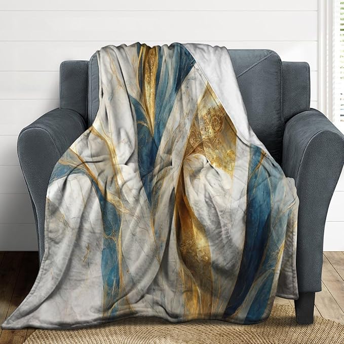 Abstract Marble Blanket, Modern Luxury Baroque Golden Blue White Stone Veins Pattern Soft Warm Cozy Plush Flannel Covers for Livingroom Bedroom Couch Chair Camping Travel Home Decor Tapestry 30x40in