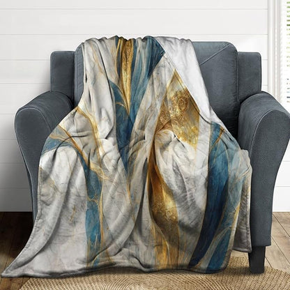 Abstract Marble Blanket, Modern Luxury Baroque Golden Blue White Stone Veins Pattern Soft Warm Cozy Plush Flannel Covers for Livingroom Bedroom Couch Chair Camping Travel Home Decor Tapestry 50x60in