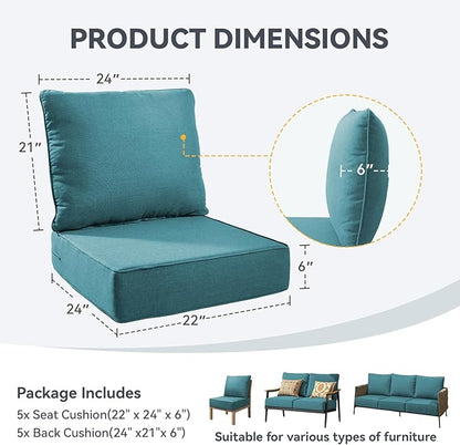 Outdoor Cushion Set for Furniture Patio Furniture, UV Resistant, Water Resistant - 6 Inch Thick Foam Garden Cushions– 22x24 Inch Patio Seat Covers for Chair/Sofa/Couch | Peacock Green | 5-Pack |