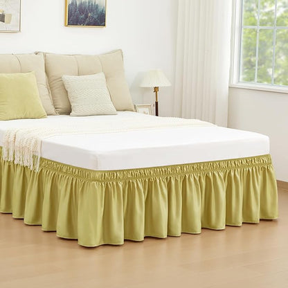 RIMELA Bed Skirt Queen Size Champagne Green 15 Inch Drop, Wrap Around Elastic Bedskirt, Dust Ruffle for Adjustable Bed Base Soft Durable Fabric Machine Washable Easy to Install Bed Skirts