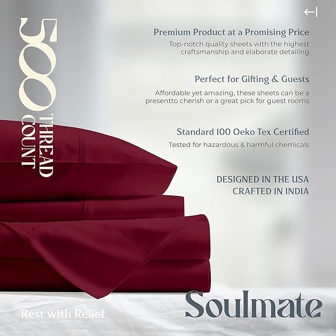 Mayfair Linen 500 Thread Count Split King Sheets Sets for Adjustable Bed - 5 PC Split King Size Bed Sheet Set Cotton (Burgundy), Soft, Cooling, Sateen 16" Deep Pocket Bedsheet (Fits 18" Mattress)