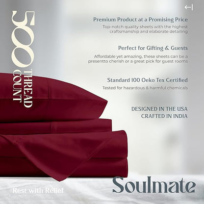 Mayfair Linen 100% Cotton Bed Sheets Queen Set - 500 Thread Count Cotton Sheets for Queen Size Bed, 4 PC Set (Burgundy), Ultra Soft, Cooling, Sateen Weave 16" Deep Pocket Bedsheet for Hot Sleepers