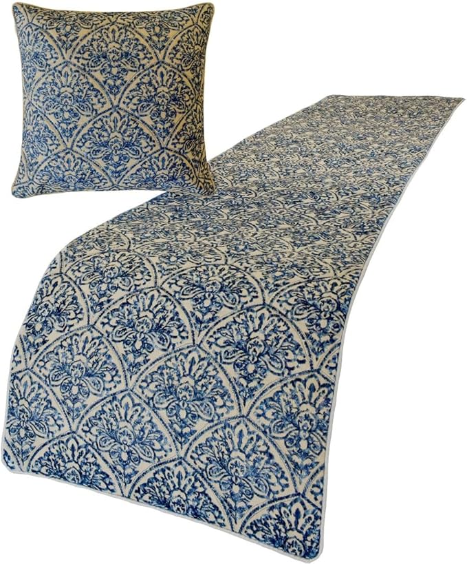 The HomeCentric King/Queen/Twin Blue Designer Queen 74"x18" Bed Runner with 2 Pillow Cover, Embroidery, Quilted Bed Scarf on Cotton Fabric - Farzeen Blue