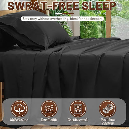 Extra Deep Pocket Queen Sheets 18-24 Inch 100% Egyptian Cotton 1000 Thread Count Sateen Weave Soft Breathable 4 Pieces（Queen,Black）
