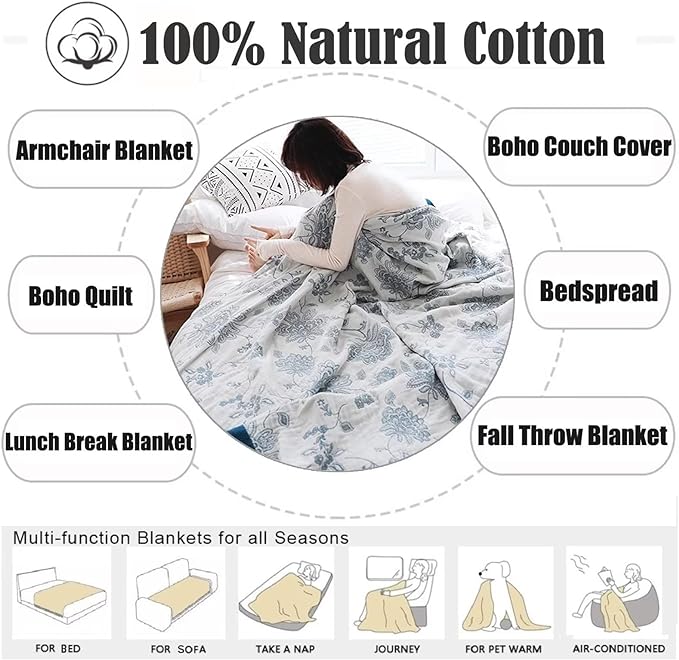 MSGKV Boho Throw Blanket for Couch Sofa Bed Decor, 100% Cotton Blankets Warm Versatile KnitWoven Blanket, Super Soft Warm & Decorative Blanket for Sofa Bed Living Room, 78''Wx 90''L