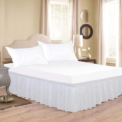 White Wrap Around Bed Skirts with 16" Drop - Three Sides Fabric Adjustable Elastic Dust Ruffle Silky Soft -600 TC Stretchy Bed Skirt-Short Queen(60"X 75") White