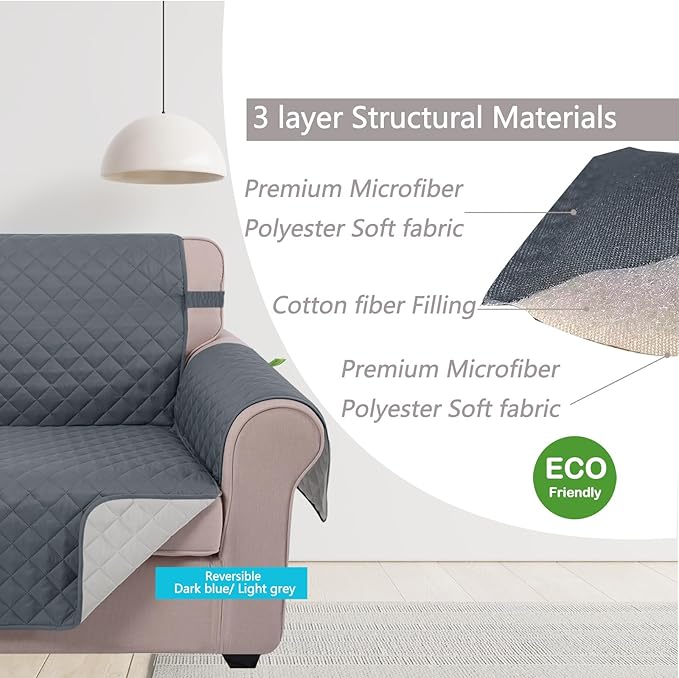 U-NICE HOME 4 Seater Sofa Cover 91 Inch Large Couch Covers for 4 Cushion Couch with Elastic Straps Water Resistant Furniture Protector Cover for Pets Cat (Sofa XX-Large, Dark Blue/Light Grey)
