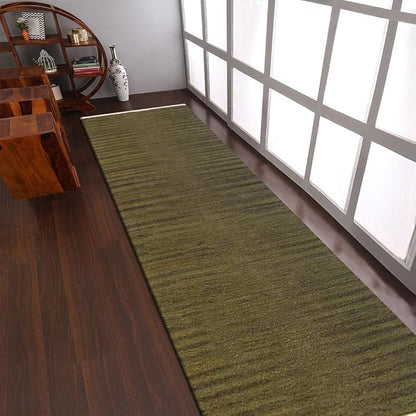Rugsotic Carpets Hand Woven Flat Weave Kilim Wool ECO-Friendly Area Rugs - 2'6''x12', Runner Shape, Olive Color, Solid Plain Design, Low Pile Handmade Area Rugs for Living Room, Bed Room (D00111)