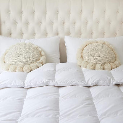 Boho Round Throw Pillow with Cute Handmade Pom Poms Tassels 18 Inch, Decorative Circular Knitted Crochet Cushion for Couch, Sofa, Chair, Bed, Beige