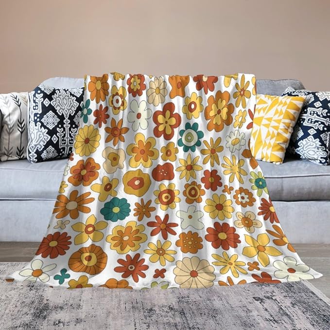 Vintage Hippie Floral Blanket, 70s Boho Abstract Yellow Orange Flowers Funny Print Throw Blanket for Holiday Theme Home Decor Bedding Couch 30"x40"