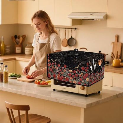 Red Rose Bat Cobweb Print Microwave Oven Dust Cover Polyester-Linen Fabric Dust Cover for Microwave Oven Universal Dust-Proof Kitchen Appliance Protector Fits Most Microwaves, M