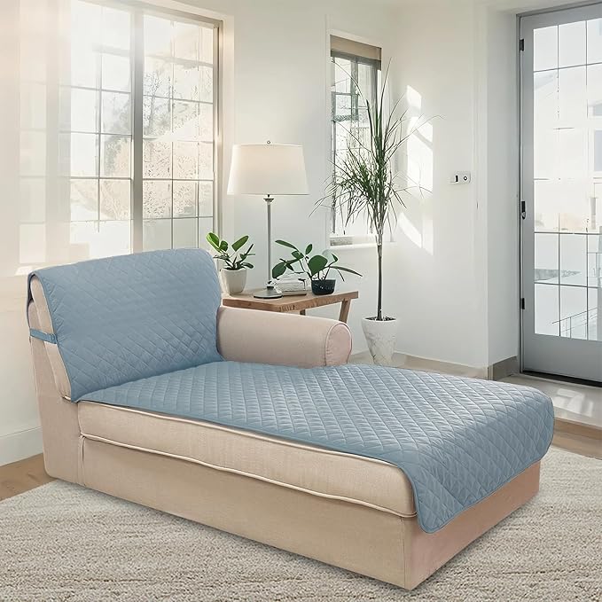 U-NICE HOME Sectional Couch Cover for Dogs Chaise Lounge Reversible Sofa Cover Furniture Protector Cover for Pets with Elastic Adjustable Strap (Chaise Lounge, Light Blue/Beige)