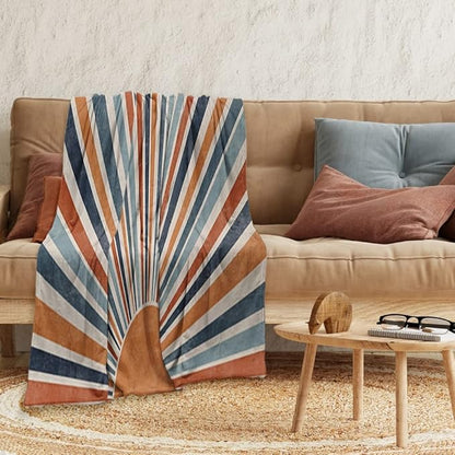 Boho Colorful Sunrise Throws Blankets Abstract Mid Century Modern Throw Blanket Minimalist Sun Boho Leaves Aesthetic Soft Warm Bed Bedding Women Blankets for Couch Bedroom Office 60"x80"