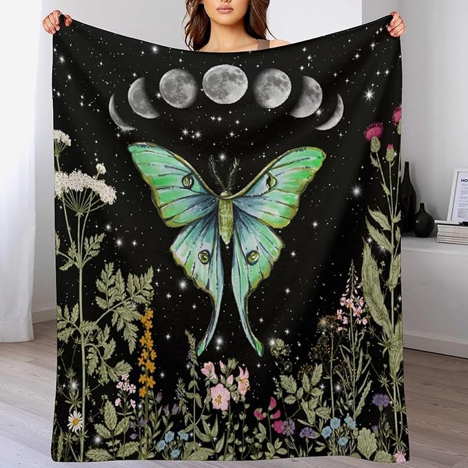 Moth Floral Flannel Blanket, Gothic Witchy Moon Phase Botanical Vintage Wildflower Plantsprint Soft Warm Fuzzy Throw Blanket for Couch Sofa Office Bed, 30"x40"