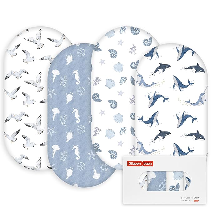 Gllquen Baby Bassinet Sheets 4 Pack, Breathable Cozy Fitted Mattress Sheet, Elastic Travel Crib Fashionable Pattern, Standard Cradle Safe Sheets for Baby Boys Girls 32"x16"(Ocean Wander)