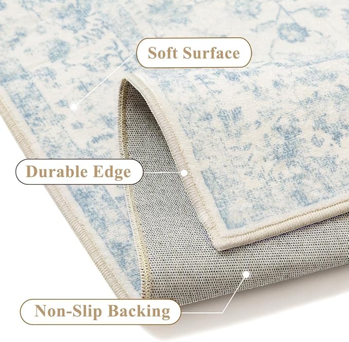 3x5 Blue Area Rug Non Slip Vintage Office Entryway Rug Distressed Machine Washable Kitchen Carpet Traditional Retro Floral Accent Throw Door Mat for Bedroom Bathroom Dining Living Room