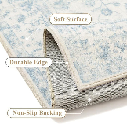 2x8 Blue Runner Rug Hallway Non Slip Kitchen Vintage Distressed Long Carpet Indoor Machine Washable Retro Floral Bedroom Accent Throw Rug for Office Laundry Bathroom Dining Living Room