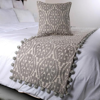 The HomeCentric Grey Bed Runner Without Pillow Cover, CA King Size 86"x18" Decorative Bed Runner, Grey Cotton Bed Scarf in Aztec Pattern with Tassels - Grey Aztec