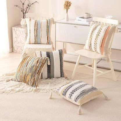 Boho Throw Pillow Covers 18x18 Set of 2 Woven Tufted Farmhouse Pillows Cover with Tassels Textured Striped Cushion Case Neutral Pillow Cases Decorative Pillowcase for Sofa Couch,Light Blue