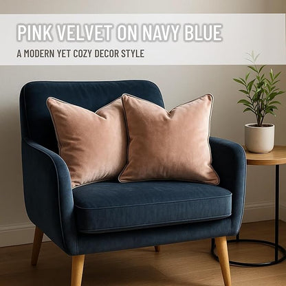 2 Pack Velvet Decorative Throw Pillow Covers, 12"x20", Pink and Grey, Solid, Modern, Contrast Piping, Indoor Use, Bedroom & Living Room