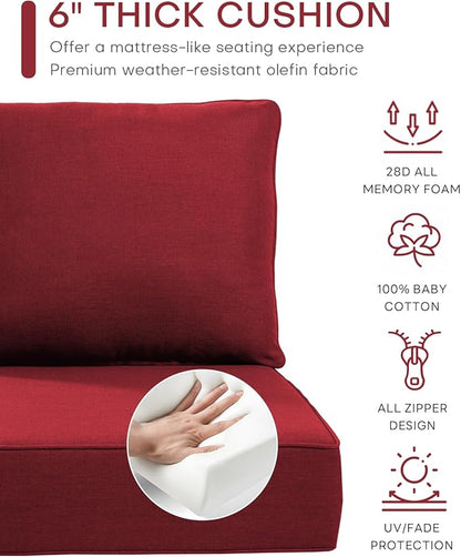 Luxury 24x24x6 Inch Outdoor Seat Cushions - Set of 2 Water Resistant Patio Chair Replacement Cushion for Porch Set Rattan Dining Rocker Glider Chairs Loveseat Couch Sectional Sofa - Red