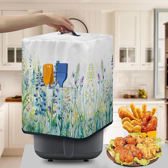 Insulated Air Fryer Kitchen Appliance Cover with Handle and Storage Pocket for Spoon/Cooking Utensils/Recipes, Easy Cleaning, Blue Green Floral