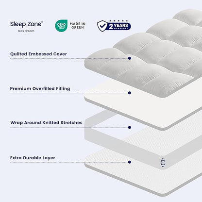 SLEEP ZONE Mattress Topper, Extra Thick Fitted Mattress Pad for Back Pain, Plush and Support Mattress Cover, Deep Pockets Mattress Protector, Hotel Quality (White, California King)