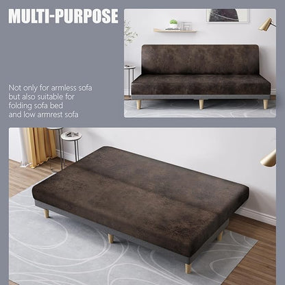 molasofa Leather Like Stretch Futon Slipcover Armless Futon Bed Sofa Cover Furniture Protector with Elastic Bottom, Soft and Washable Futon Cover for Sofa Bed Stay in Place（Larger，Dark Brown）