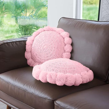 Boho Round Throw Pillow with Cute Handmade Pom Poms Tassels 18 Inch, Decorative Circular Knitted Crochet Cushion for Couch, Sofa, Chair, Bed, Pink
