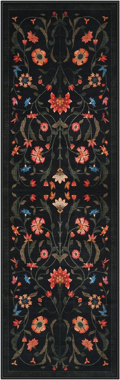 LIVEBOX Black Runners for Hallway - Boho Floral 2'6"x8 Washable Runner Rug, Non-Slip Kitchen Runner Rug, Soft Low-Pile Non-Shedding Carpet Runners for Hallway Entryway Bedroom Bathroom Farmhouse