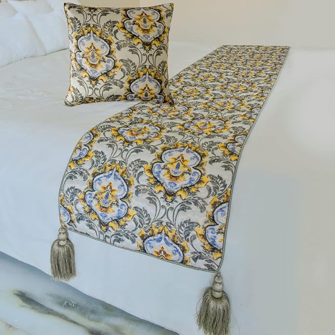 The HomeCentric King/Queen/Twin Grey Decorative Full 68"x18" Bed Runner with Pillow Cover, Quilted, Damask & Tassels Bed Scarf on Jacquard Fabric - Damask Blaze