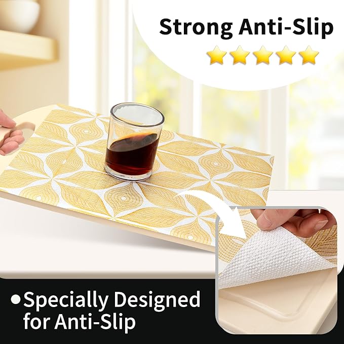 Shelf Liners for Kitchen Cabinets 12in x 20FT, Non Adhesive Cabinet Liner Strong Non-Slip Golden Leaf Drawer Liner, Easy to Clean for Shelf, Cabinet with Knife and Tape Measure