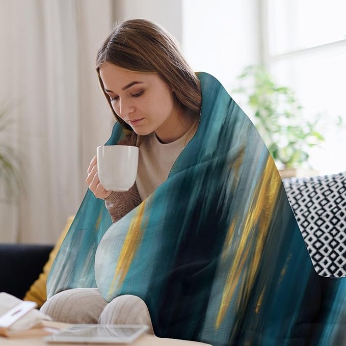 Fashion Gradient Blanket, Modern Abstract Art Gold Lake Blue Painting Strokes Pattern Soft Warm Cozy Plush Flannel Covers for Livingroom Bedroom Couch Chair Camping Travel Home Decor Tapestry 30x40in