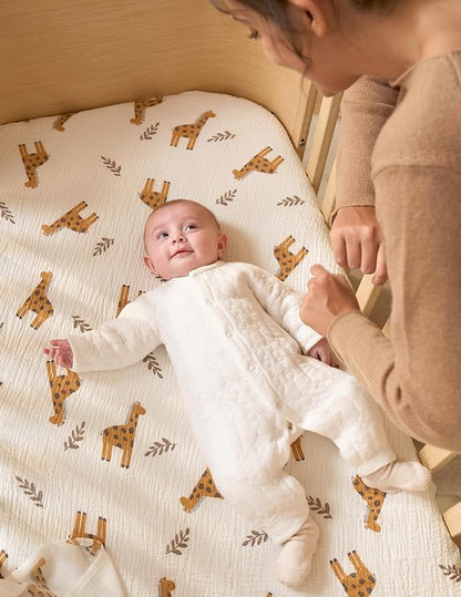 Momcozy Muslin Standard Fitted Crib Sheets, 52"x28", 2 Pack Soft Breathable Natural Cotton Baby Mattress Sheet, 360° Mattress Wrapping No Slip Boys Girls Neutral Toddler Bed Sheet, Bravery Giraffe