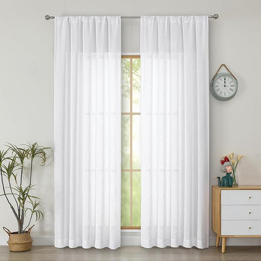Simplebrand White Semi Sheer Faux Linen Textured Curtains 84 Inches Long 2 Panels, Light Filtering Farmhouse Bedroom Curtains, Farmhouse Rod Pocket Soft Thick Window Drapes for Living Room, 50Wx84L
