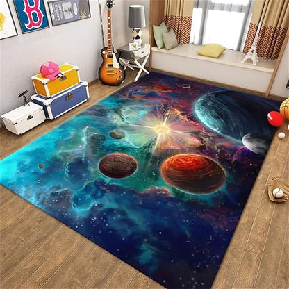 Large Washable Rugs for Boys Room Outer Space Planet Print Floor Carpets for Living Dinning Room Bedroom Modern Non Skid Starry Sky Mats Pads