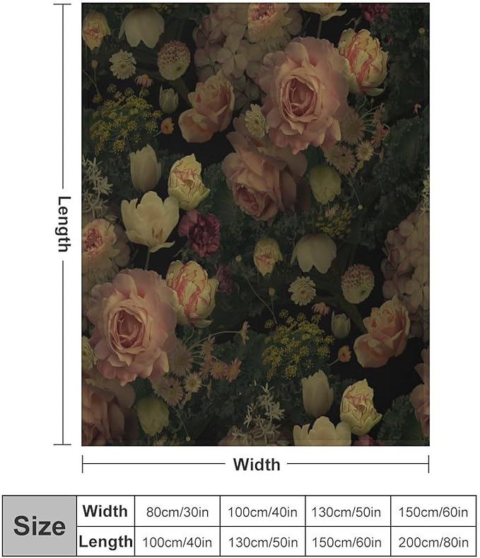 Black Floral Blanket, Rustic Watercolor Botanical Rose Peony Vintage Leaves Plant Boho Gothic Print Throw Blankets for Bed Living Room Bedding Couch Soft Decor, 50"x60"