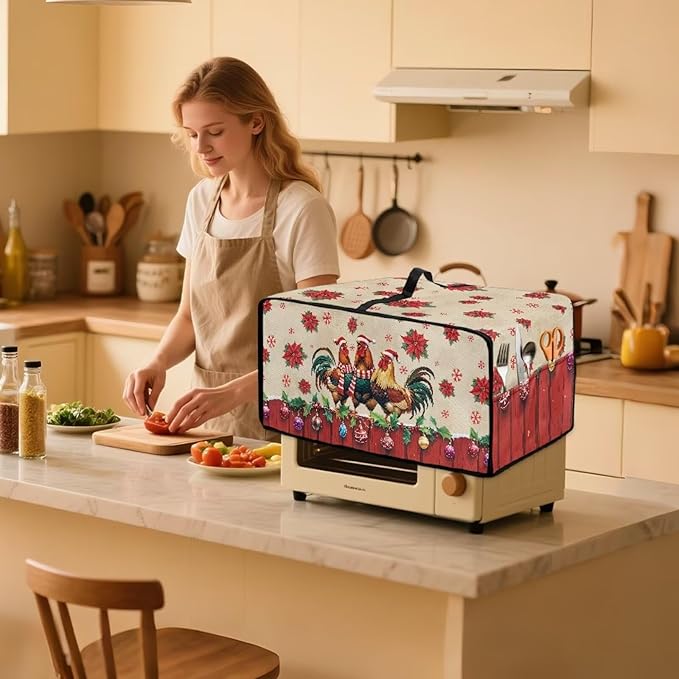 Christmas Toaster Oven Dust Cover with Storage Pockets, Protective Decorative Smart Oven Cover for for Kitchen Countertop, M, 16.5 x 20.5 x 10 Inches, Rooster Chicken Poinsettia Red Beige