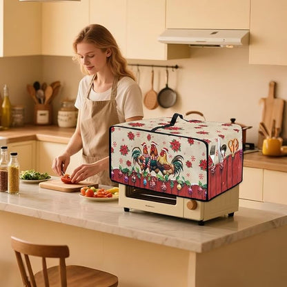 Christmas Toaster Oven Dust Cover with Storage Pockets, Protective Decorative Smart Oven Cover for for Kitchen Countertop, S, 14.5 x 18.5 x 9 Inches, Rooster Chicken Poinsettia Red Beige