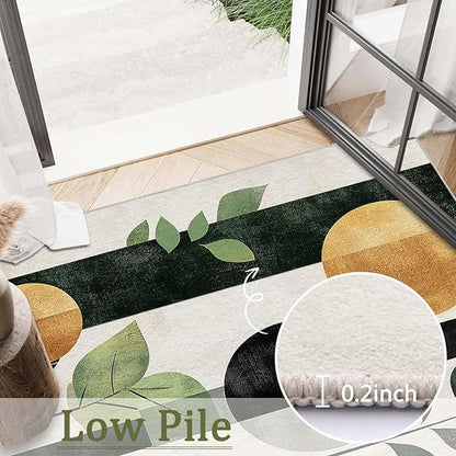 6x9 Boho Area Rug Green Leaf Black White Golden Rug Non Slip Low Pile Large Carpet for Home Kitchen Living Room Bedroom Dining Room Office
