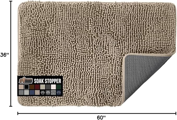 GORILLA GRIP SOAKSTOPPER Dog Door Mat, 60x36 Machine Washable Rug Absorbent Doormat Captures Moisture Mud Dirt, Quick Dry Soft Chenille Entryway Rugs Indoor Entrance Mats for Dog Paws, Beige