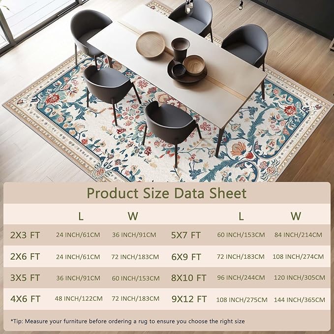 4x6 Boho Area Rug Beige Oriental Rug Non Slip Low Pile Large Carpet for Home Kitchen Living Room Bedroom Dining Room Office