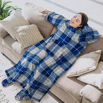 PAVILIA Fleece Blanket with Sleeves, Foot Pockets for Women Men Adults, Plush Wearable Blanket Throw Wrap, Warm Snuggle Blanket Robe, Cozy Gift Ideas Wife Mom, Plaid Navy Blue