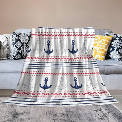 Anchor Blanket Vintage Navy Blue Red Stripe Nautical Anchor Abstract Art Printed Soft Cozy Lightweight Throw Blanket for Kids Girls Boys Women Bedroom Living Room Dorm Chair Sofa Travel 70x80in